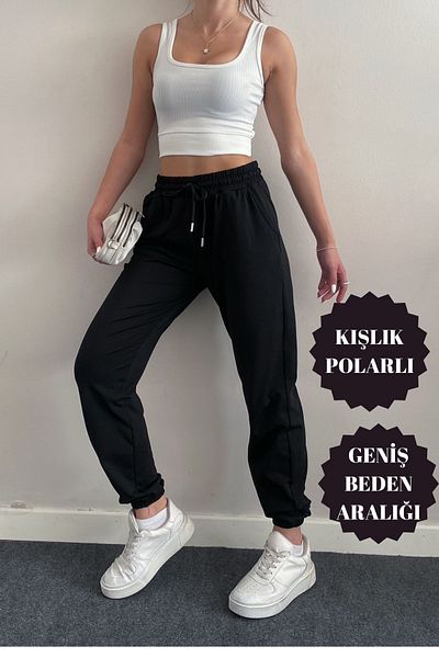 BANEGA Γυναικείο ύφασμα Diver Winter Fleece Jogger Ψηλόμεσο Μαύρο Φούτερ με τσέπες