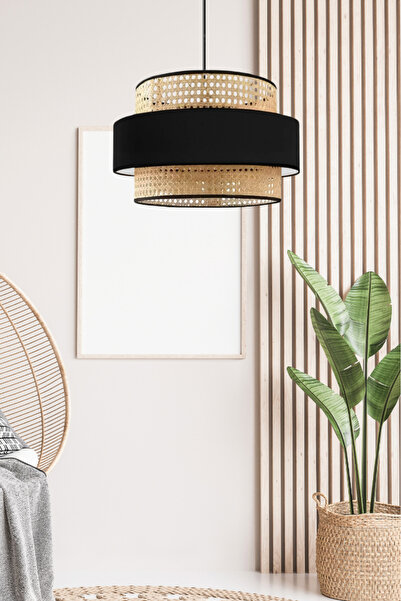 Art&Gift Bohem Triple Metal Kasalı Gerçek Rattan ve Siyah Kumaş Salon Avize Üç Katlı Pasta Yatak Odası Sarkıt