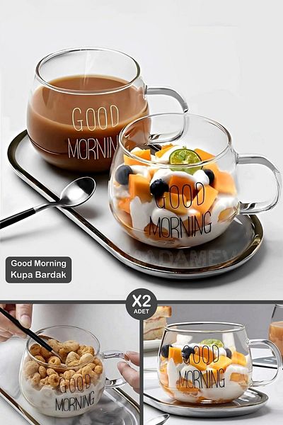 Madamev 2 Pieces Good Morning Mug Glass Cup Heat Resistant with Handle Style Coffee Presentation Breakfast Milk Cup 350ml