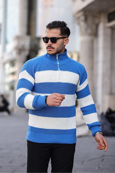 Valiberta Half Zipper Striped Knitwear Sweater - Blue