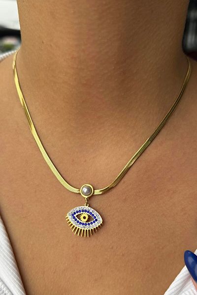 TAKIŞTIR Gold Color Eye Figured Pearl Detailed Steel Necklace