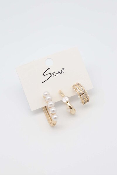 shesra Vip rodyum kaplama zirkon taşlı İncili 3lü set küpe