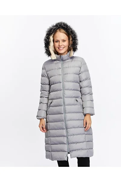 KMKkombin New Season Women's Puffer Jacket - Long Padded, Hooded, Fur and Fiber Plus Size 2066