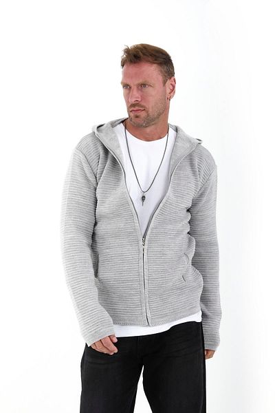 Valiberta Zippered Ladder Knit Hooded Knitwear Cardigan/Jacket - Light Gray