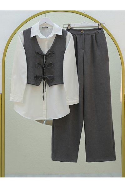 Modamorfo Smoke Colored Linen Set - Lace-Up Shirt, Vest and Trousers