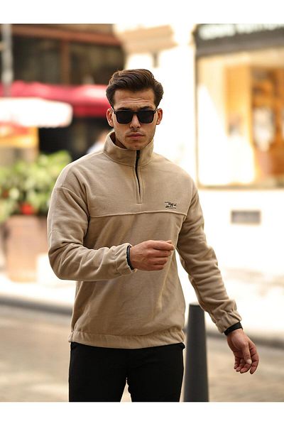 Valiberta Premium Half Ferrmuar Fleece Sweatshirt - Beige
