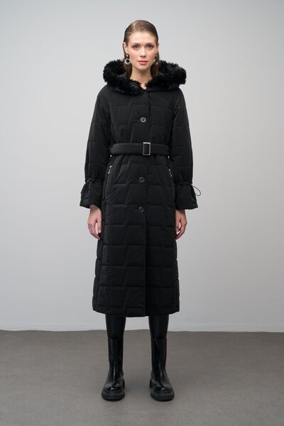 Olcay Chlupatý prošívaný vzorovaný černý dlouhý kabát - s kapucí 6635