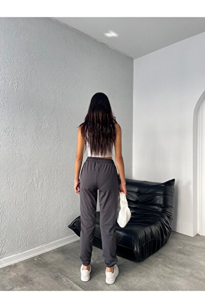 BANEGA Kadın Dalgıç Kumaş Kışlık Polarlı Jogger Yüksek Bel Cepli Füme Eşofman Altı