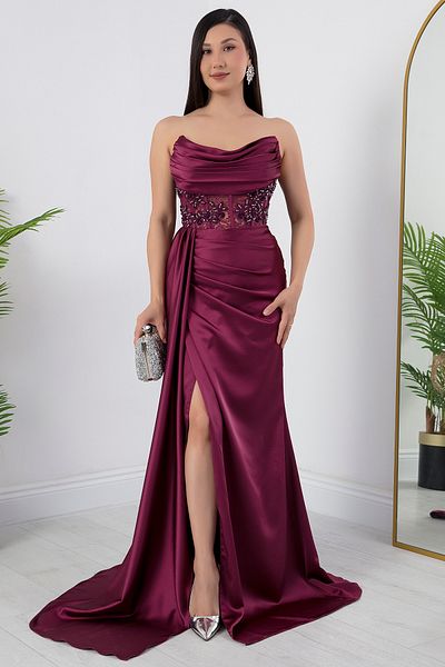 PULLIMM Rochie din satin cu decolteu bijuterie fără bretele SB6019