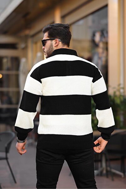 Valiberta Поло з ґудзиками, комір поло, напівоверсайз, смугастий трикотажний светр - чорний