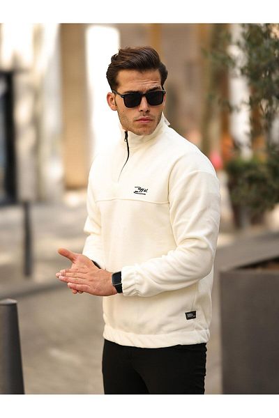Valiberta Premium Half Zipper Fleece Sweatshirt - Ecru