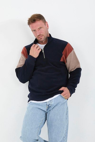 Valiberta Oversize Men's Thessaloniki Knitted Sweatshirt with Garnish Sleeves - Navy Blue