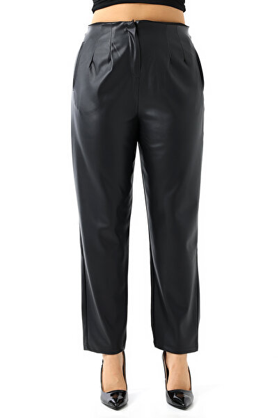 winmoda Yüksek Bel Deri Pantolon-Havuç/Ön Pensli