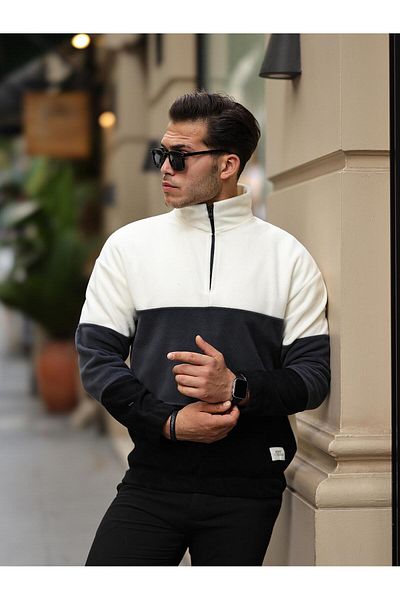 Valiberta Piece Pattern Half Zipper Fleece Sweatshirt - Ecru/smoked/black