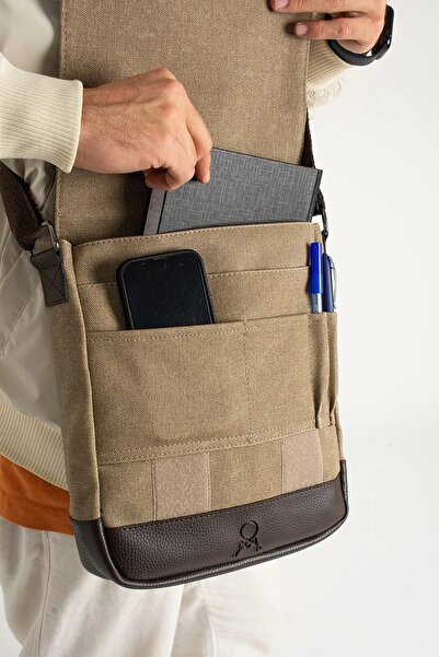 By Hakan Mega 417 Unisex - Canvas Strap Messenger Bag, Shoulder Bag Camel-Brown
