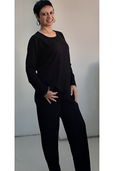Mertcan Butik Black Bottom Top Suit Round Neck Combed Cotton Viscose Pajamas Suit