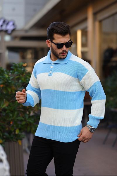 Valiberta Buttoned Polo Collar Half Oversize Striped Knitwear Sweater - Blue