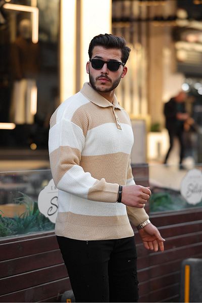 Valiberta Buttoned Polo Collar Half Oversize Striped Knitwear Sweater - Beige