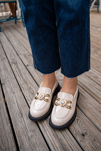 LAMİNTA Drive Nude Kalp Detaylı Gold Tokalı Kadın Loafer Makosen