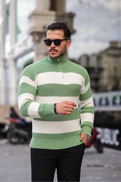 Valiberta Half Zipper Striped Knitwear Sweater - Green
