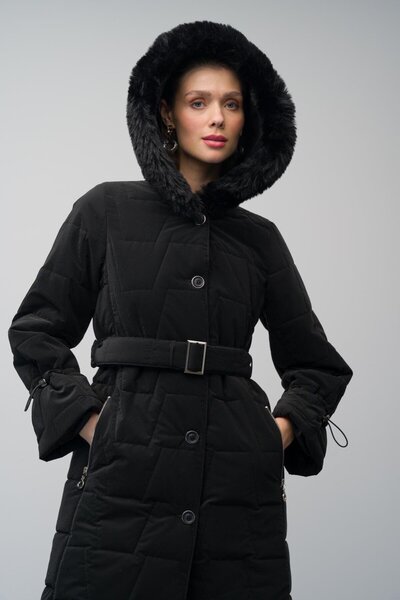 Olcay Chlupatý prošívaný vzorovaný černý dlouhý kabát - s kapucí 6635