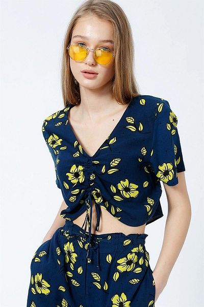 Trend42plus V-Neck Tie Front Gathered Blue Blouse