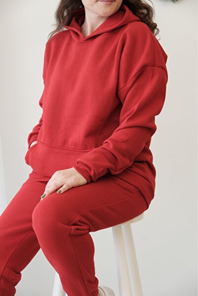 abitso Kadın Oversize Geniş 3 İplik Polarlı Şardonlu %100 Pamuk Kapüşonlu Eşofman Takımı