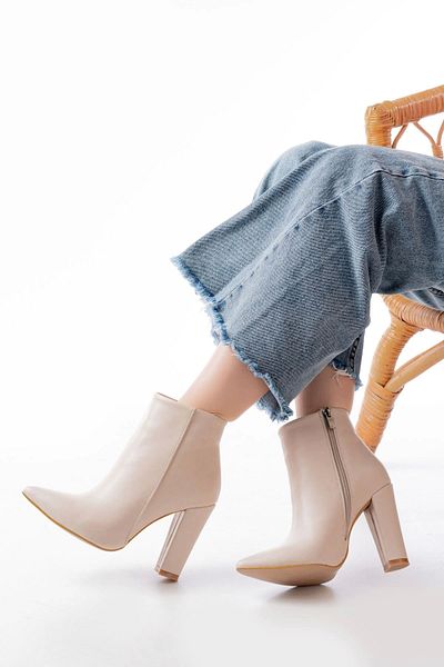 SKY SHOES Γυναικείες μπότες μπεζ ψηλοτάκουνες με φερμουάρ