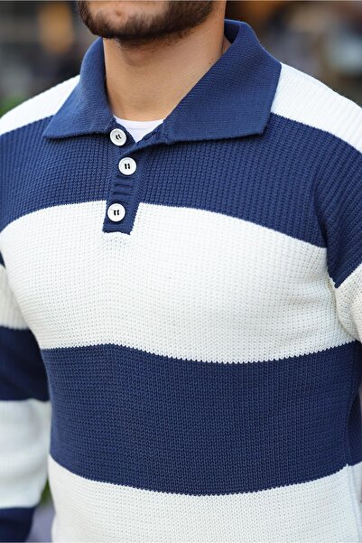 Valiberta Поло з ґудзиками, комір поло, напівоверсайз, смугастий трикотажний светр - темно-синій