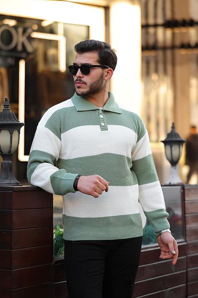 Valiberta Buttoned Polo Collar Half Oversize Striped Knitwear Sweater - Green