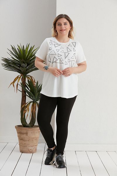 SERTUĞ Plus Size Geometric Stone Detailed Ecru Blouse