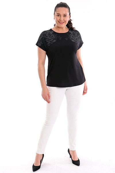 SERTUĞ Trend42Plus Plus Size Shoulder Stone Printed Black Blouse
