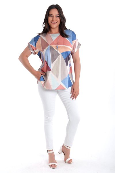 SERTUĞ Plus Size Geometric Pattern Low Sleeve Basic Indigo Blouse
