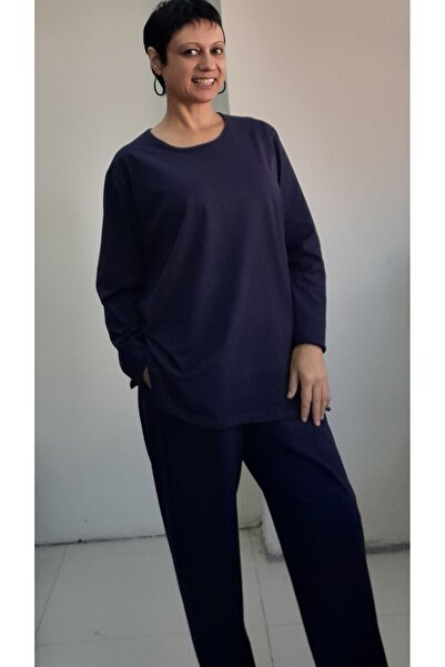 Mertcan Butik Navy Blue Round Neck Bottom Top Suit Combed Cotton Viscose Pajama Set
