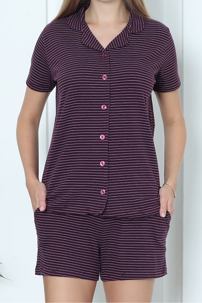 Nicoletta Damson Striped Women's Shorts Pajamas Set - Short Sleeve and Buttoned Pocket