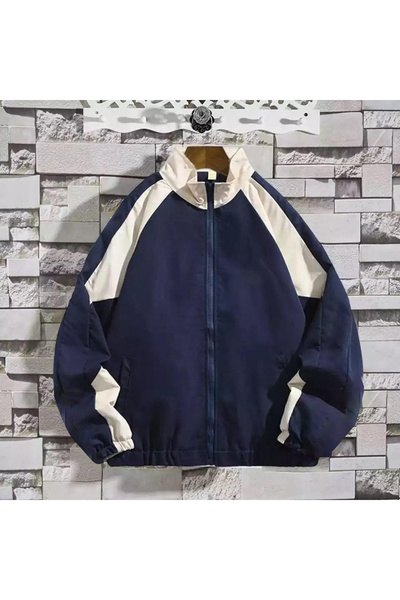 Genel Markalar Retro Krem Şerit Detaylı Lacivert Paraşüt Ceket