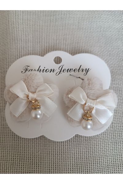 Efna Store Furry, Plush Flower with Bow Figure and Pearl Dangle Double Collet Buckle
