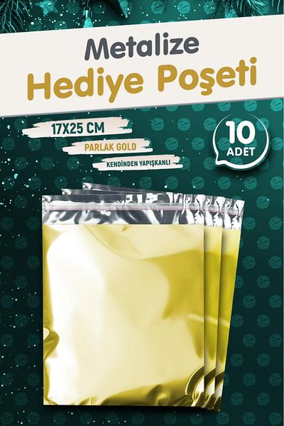 t tuğset etiket Метализирана торбичка за опаковане на подаръци с лепило 17x25см, златна, 10 броя, коледен подаръчен пакет за Нова година - T1089