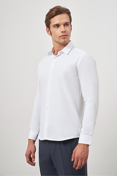 İmza Λευκό μακρυμάνικο πουκάμισο Dobby 032 με σκληρό γιακά Classic Slim Fit 1004245151