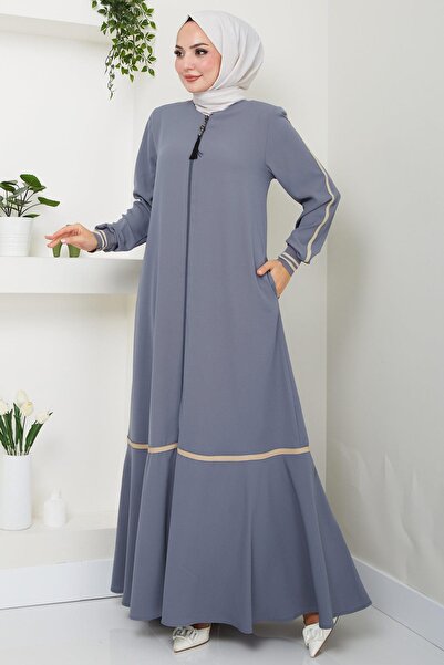 SENSTIL Çizgi Detaylı Gri Ferace SS2035