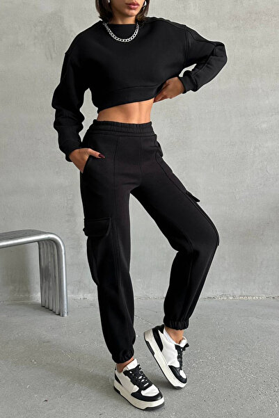 Neşeli Butik γυναικείο μαύρο σετ αθλητικής φόρμας με τσέπες cargo NBG041