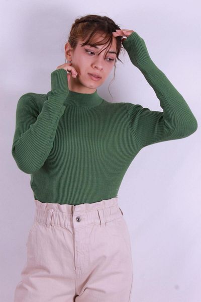 Fashion Friends Pulover verde cu guler ridicat