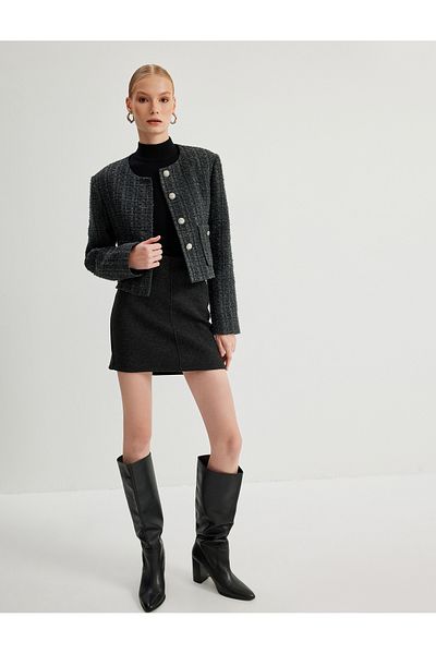 Koton RounD Neck anD BuTToneD PockeT TweeD JackeT