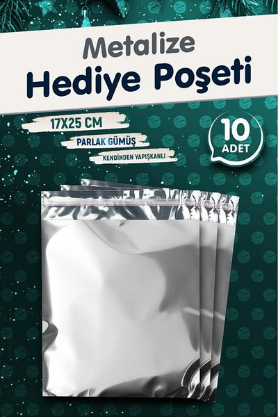 t tuğset etiket Метализирана торбичка за опаковане на подаръци с лепило 17x25см, сребриста, 10 броя, коледен подаръчен пакет за Нова година -T109