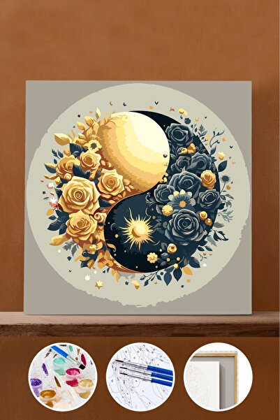Pastelya Sayılarla Boyama Seti Çerçeveli Kasnaklı Çiçekli Yin Yang 40 x 50 cm