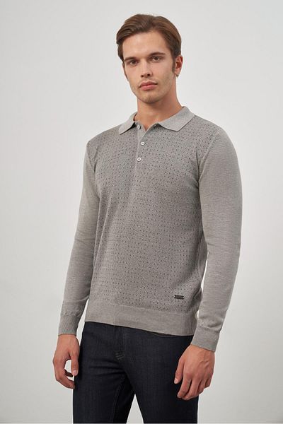 İmza Stone Colored Polo Collar Knitwear with Long Sleeves and Patterns 1012245162   - Classic Comfort Fit