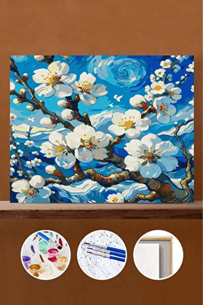 Pastelya Sayılarla Boyama Seti Çerçeveli Kasnaklı Bahar Dalları 2 60 x 75 cm