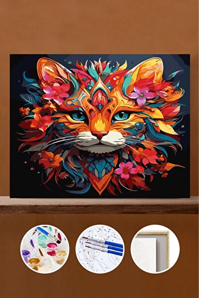 Pastelya Sayılarla Boyama Seti Çerçeveli Kasnaklı Çiçek Açan Kedi 40 x 50 cm