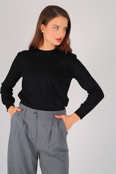 FACETTE Pulover de bază cu mânecă lungă, negru, subțire, cu nervuri
