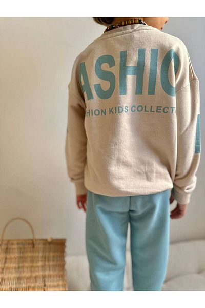 endudu Boy's Back Printed Winter 3 Thread Cotton Sweatshirt Tracksuit Top and Bottom Oversize Set